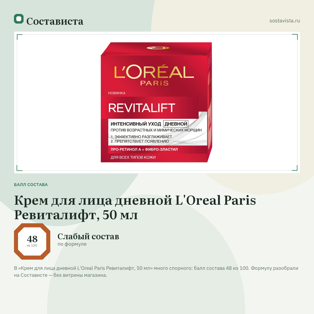 Крем для лица дневной L'Oreal Paris Ревиталифт, 50 мл: балл состава 48 из 100 — Состависта