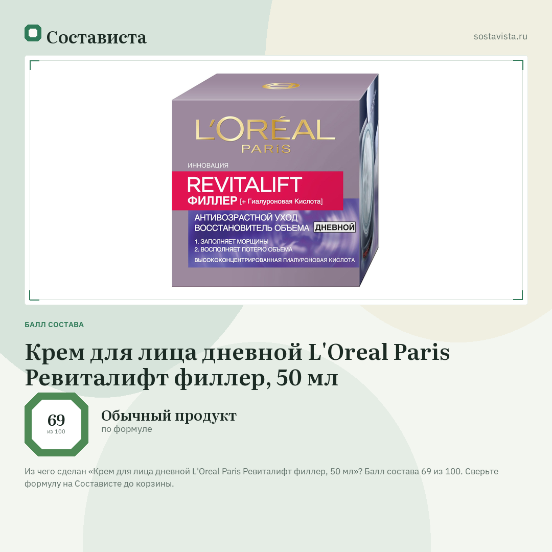 Крем для лица дневной L'Oreal Paris Ревиталифт филлер, 50 мл: балл состава 69 из 100 — Состависта