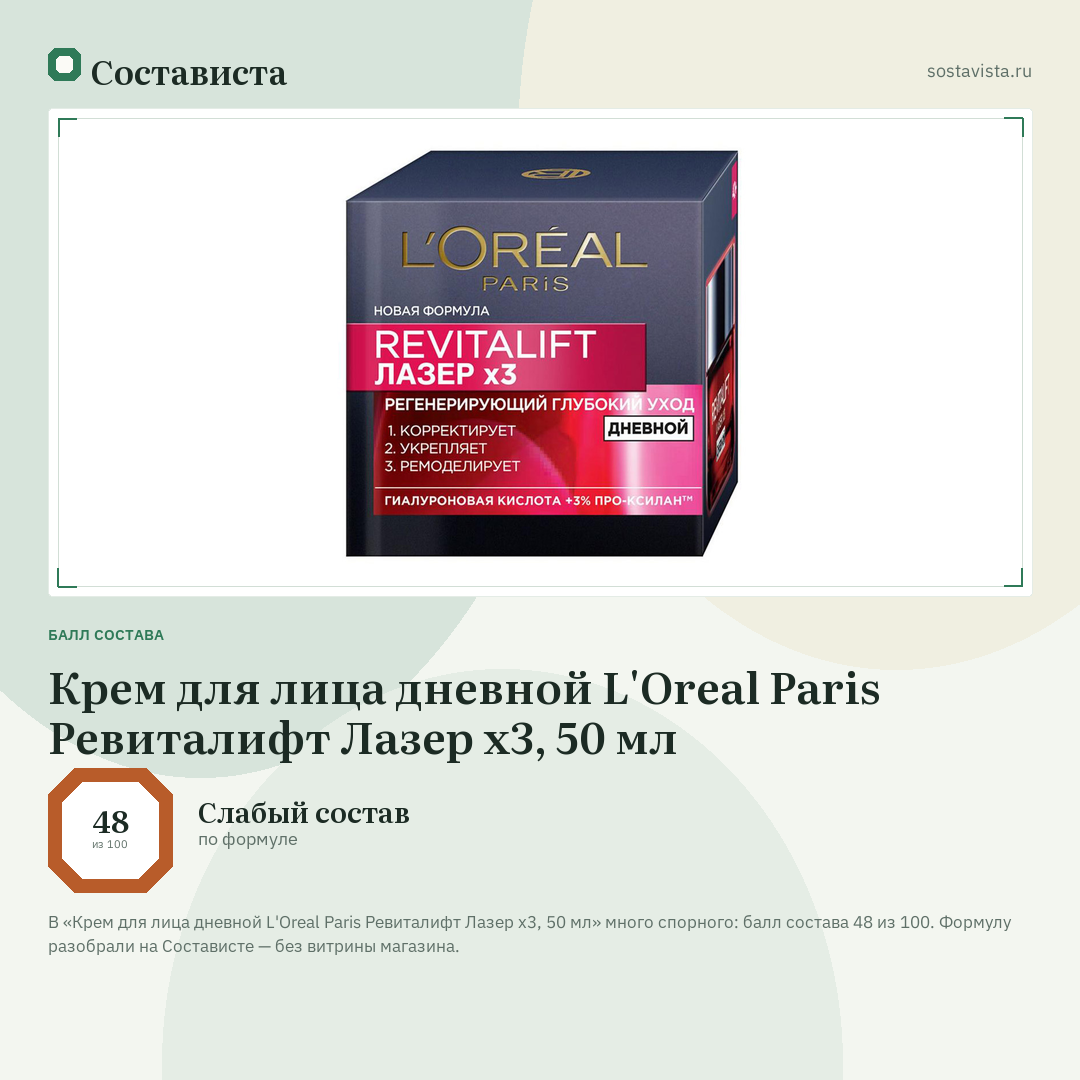Крем для лица дневной L'Oreal Paris Ревиталифт Лазер х3, 50 мл: балл состава 48 из 100 — Состависта