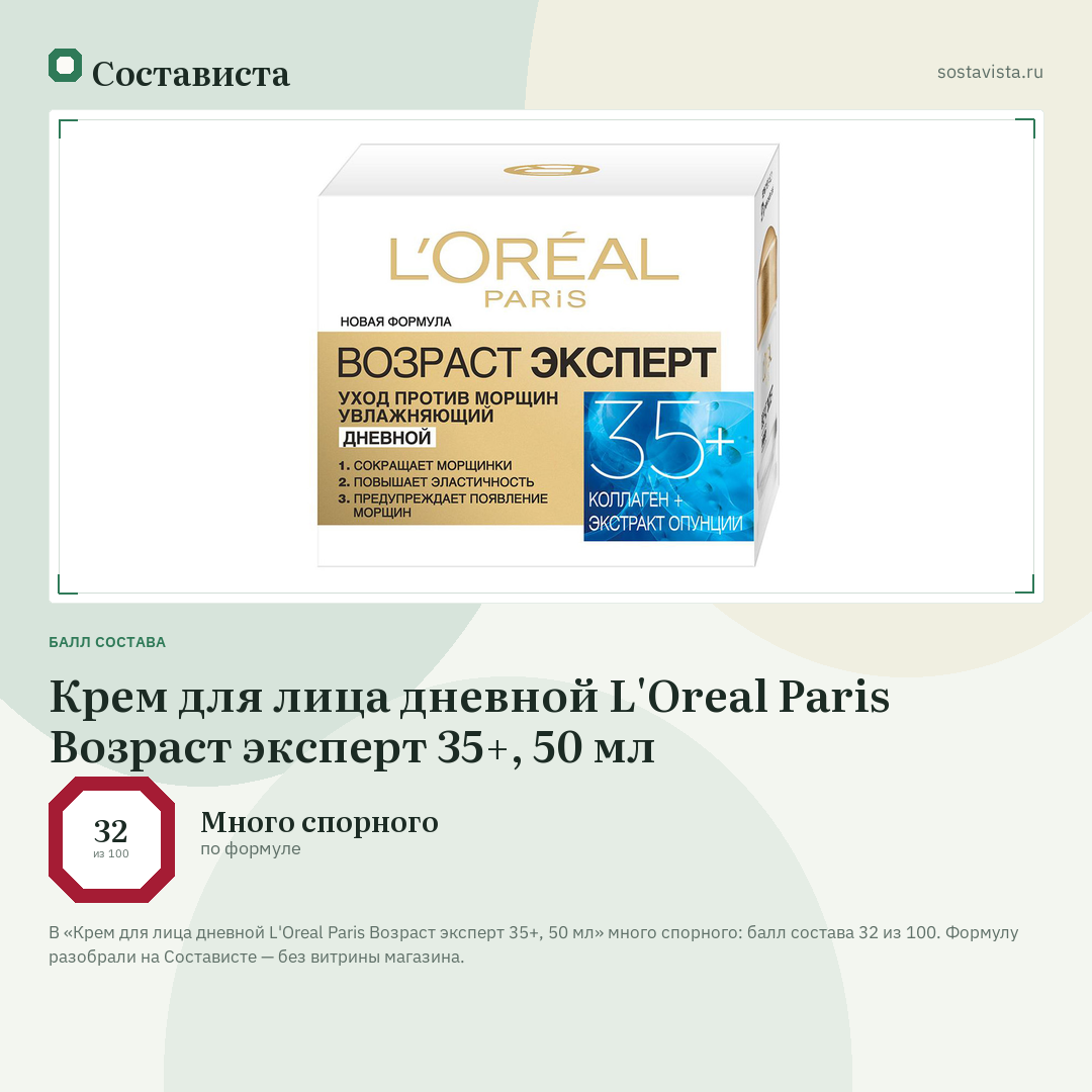 Крем для лица дневной L'Oreal Paris Возраст эксперт 35+, 50 мл: балл состава 32 из 100 — Состависта