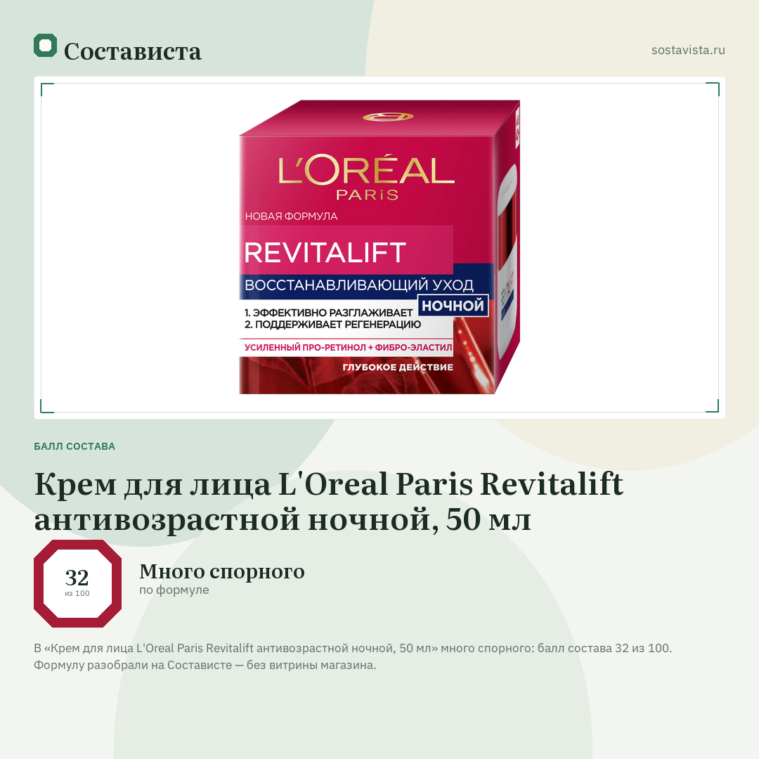 Крем для лица L'Oreal Paris Revitalift антивозрастной ночной, 50 мл: балл состава 32 из 100 — Состависта