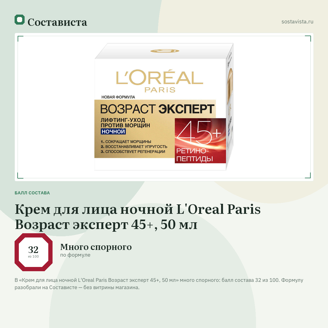 Крем для лица ночной L'Oreal Paris Возраст эксперт 45+, 50 мл: балл состава 32 из 100 — Состависта