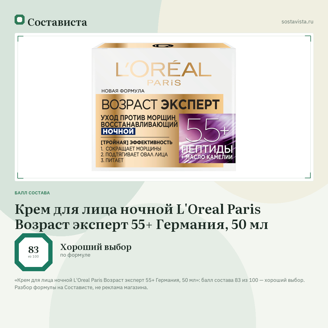 Крем для лица ночной L'Oreal Paris Возраст эксперт 55+ Германия, 50 мл: балл состава 83 из 100 — Состависта