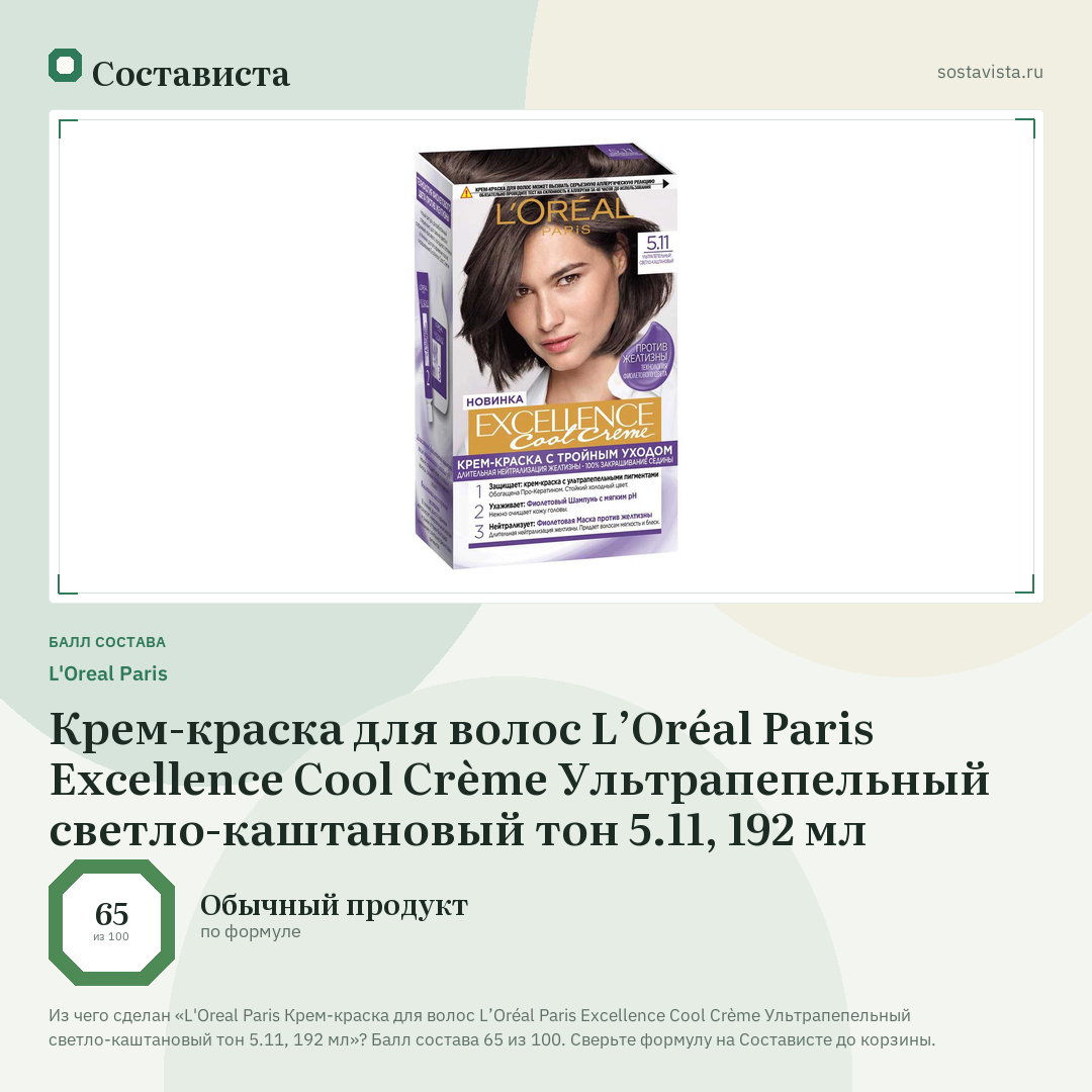 L'Oreal Paris Крем-краска для волос L’Oréal Paris Excellence Cool Crème Ультрапепельный светло-каштановый тон 5.11, 192 мл: балл состава 65 из 100 — Состависта