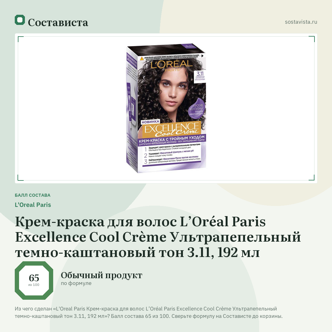 L'Oreal Paris Крем-краска для волос L’Oréal Paris Excellence Cool Crème Ультрапепельный темно-каштановый тон 3.11, 192 мл: балл состава 65 из 100 — Состависта