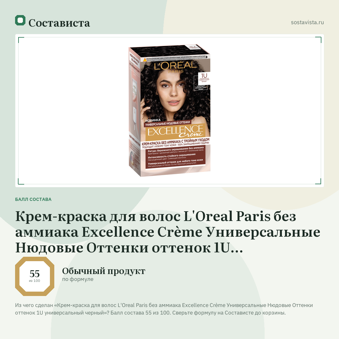 Крем-краска для волос L'Oreal Paris без аммиака Excellence Crème Универсальные Нюдовые Оттенки оттенок 1U универсальный черный: балл состава 55 из 100 — Состависта