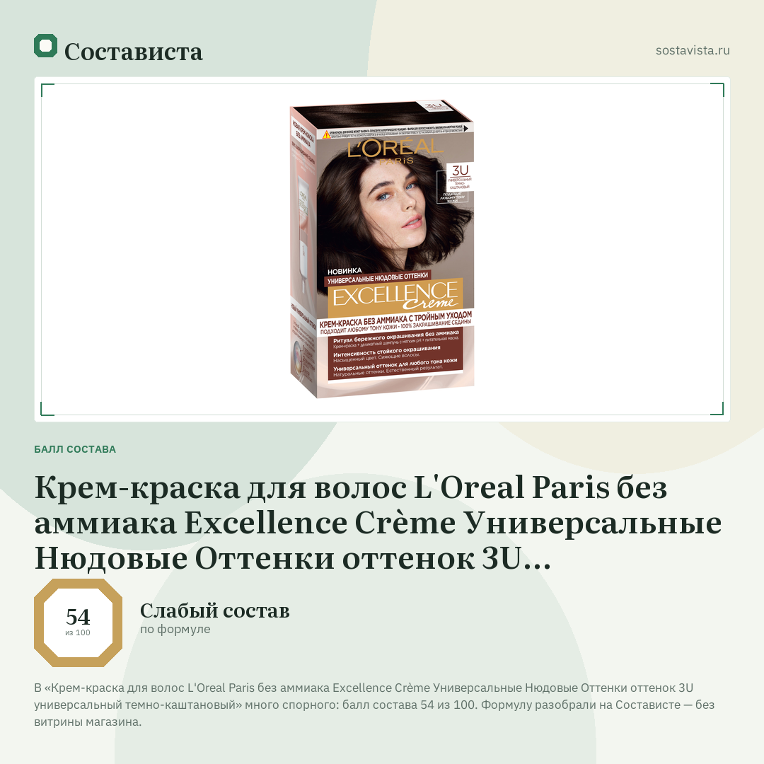 Крем-краска для волос L'Oreal Paris без аммиака Excellence Crème Универсальные Нюдовые Оттенки оттенок 3U универсальный темно-каштановый: балл состава 54 из 100 — Состависта