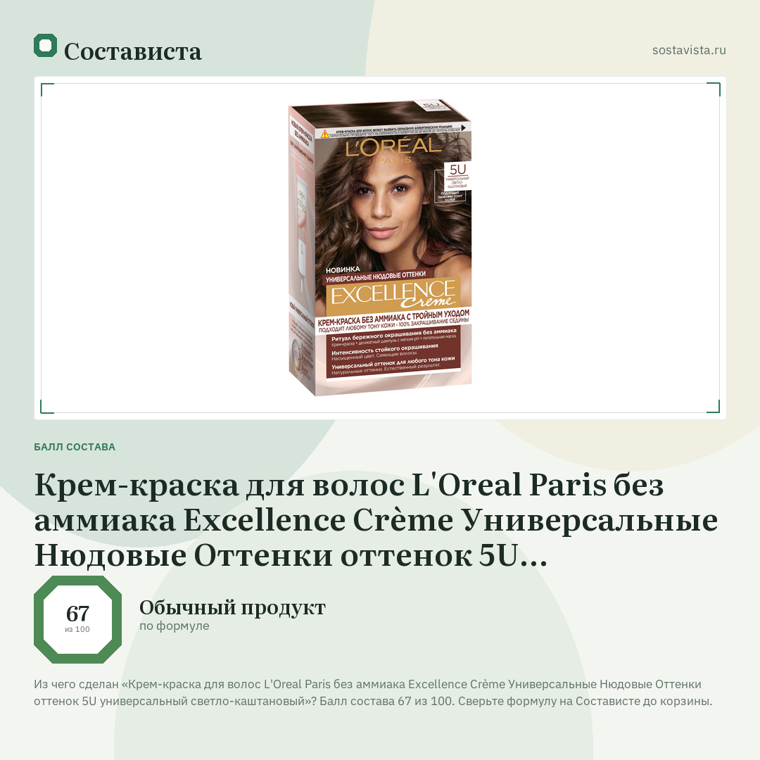Крем-краска для волос L'Oreal Paris без аммиака Excellence Crème Универсальные Нюдовые Оттенки оттенок 5U универсальный светло-каштановый: балл состава 67 из 100 — Состависта