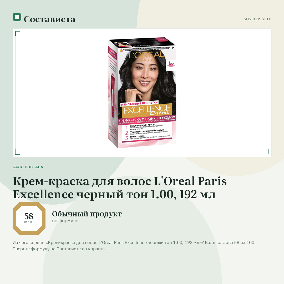 Крем-краска для волос L'Oreal Paris Excellence черный тон 1.00, 192 мл: балл состава 58 из 100 — Состависта
