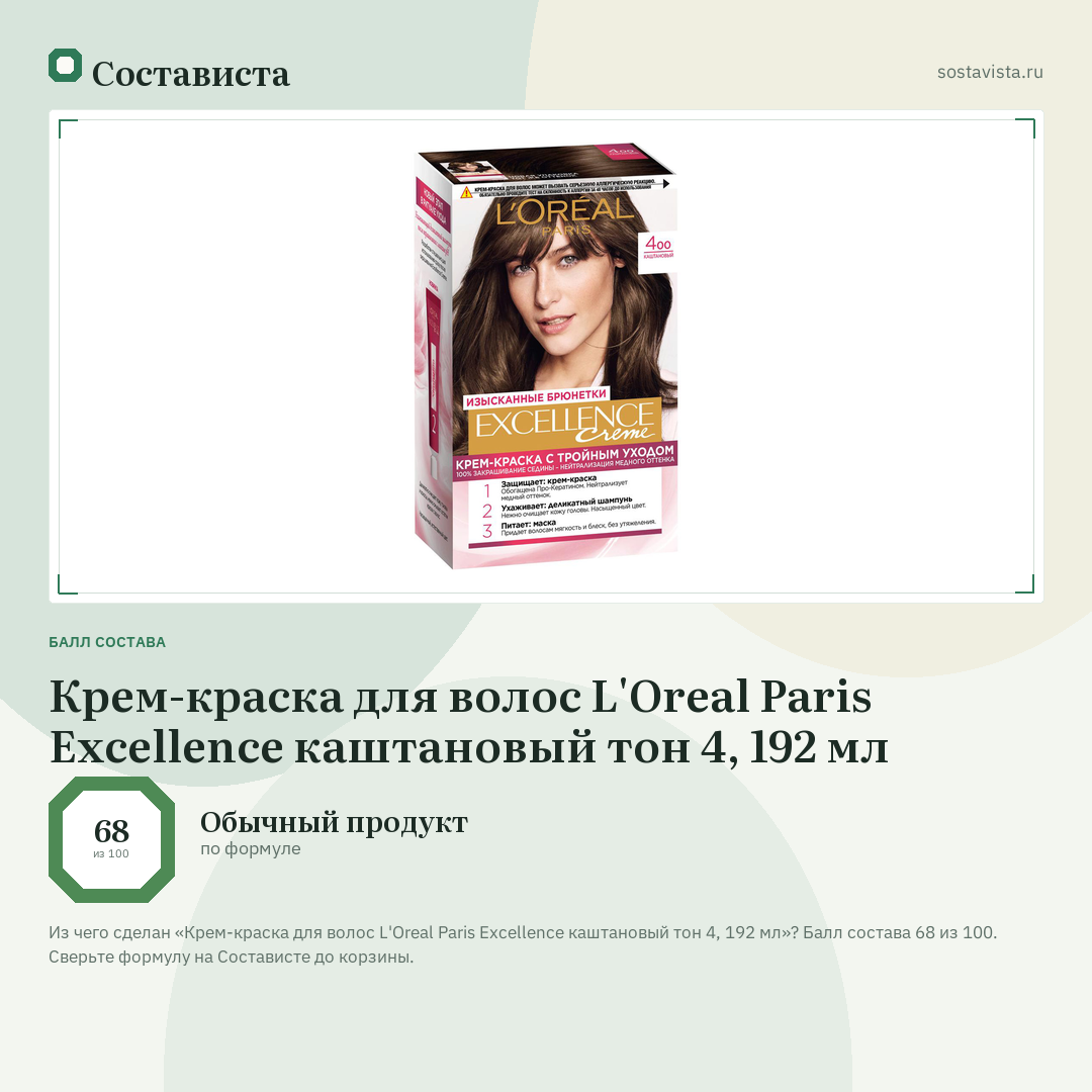 Крем-краска для волос L'Oreal Paris Excellence каштановый тон 4, 192 мл: балл состава 68 из 100 — Состависта