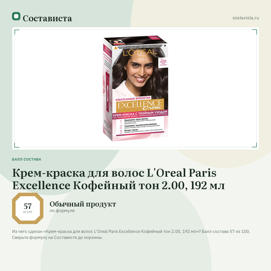 Крем-краска для волос L'Oreal Paris Excellence Кофейный тон 2.00, 192 мл: балл состава 57 из 100 — Состависта