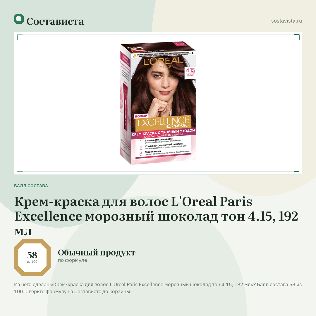 Крем-краска для волос L'Oreal Paris Excellence морозный шоколад тон 4.15, 192 мл: балл состава 58 из 100 — Состависта