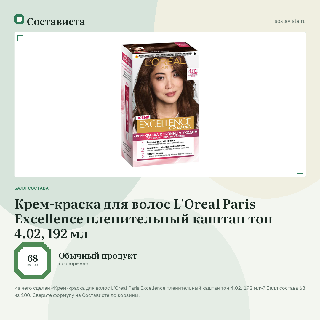 Крем-краска для волос L'Oreal Paris Excellence пленительный каштан тон 4.02, 192 мл: балл состава 68 из 100 — Состависта