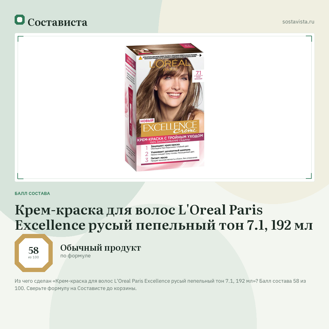 Крем-краска для волос L'Oreal Paris Excellence русый пепельный тон 7.1, 192 мл: балл состава 58 из 100 — Состависта
