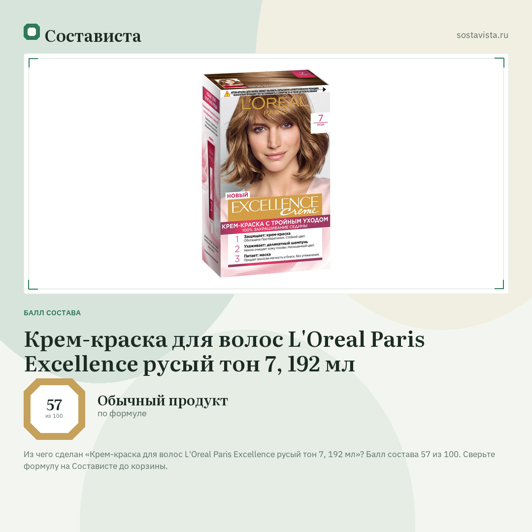 Крем-краска для волос L'Oreal Paris Excellence русый тон 7, 192 мл: балл состава 57 из 100 — Состависта