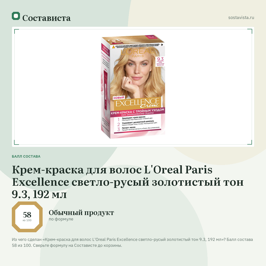 Крем-краска для волос L'Oreal Paris Excellence светло-русый золотистый тон 9.3, 192 мл: балл состава 58 из 100 — Состависта
