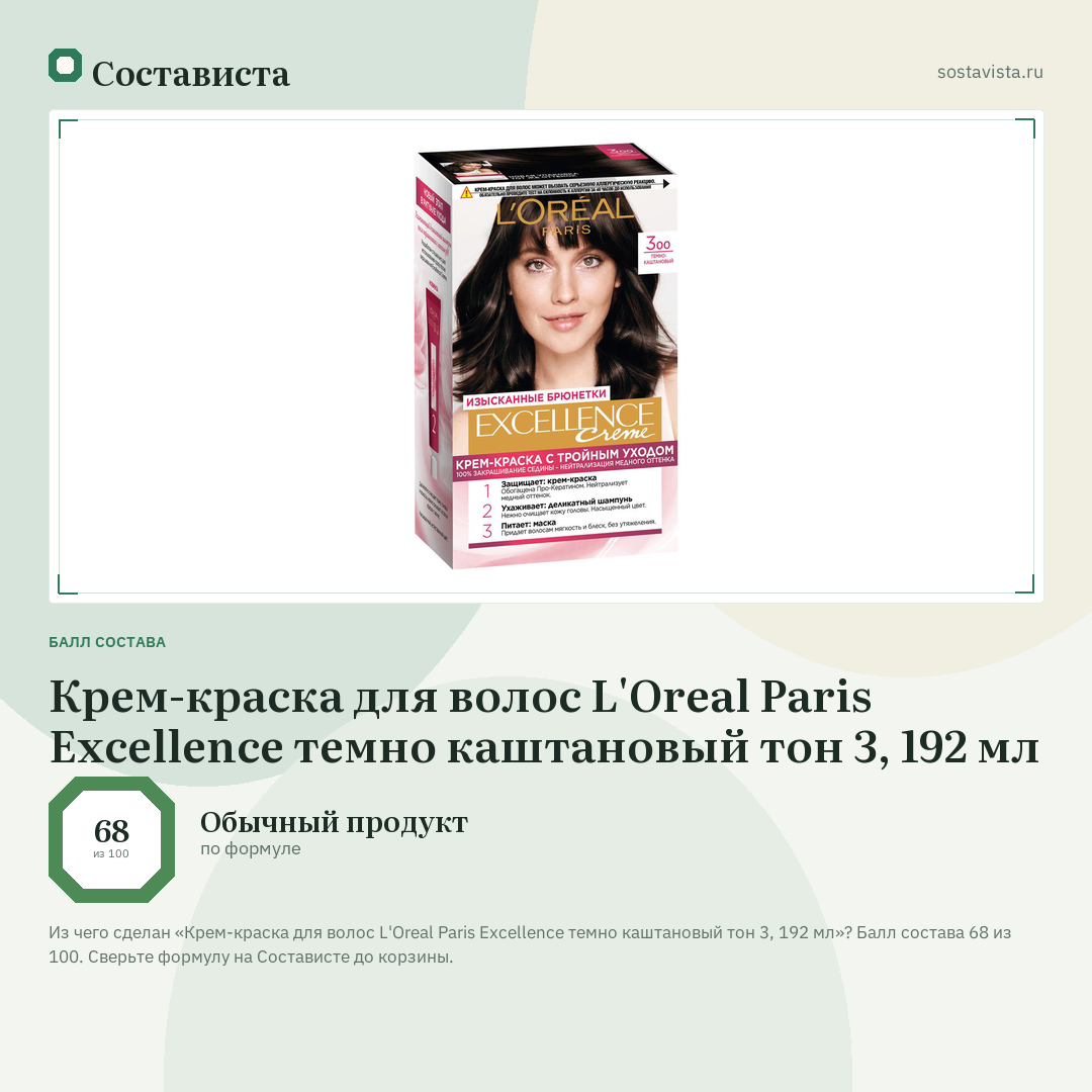 Крем-краска для волос L'Oreal Paris Excellence темно каштановый тон 3, 192 мл: балл состава 68 из 100 — Состависта