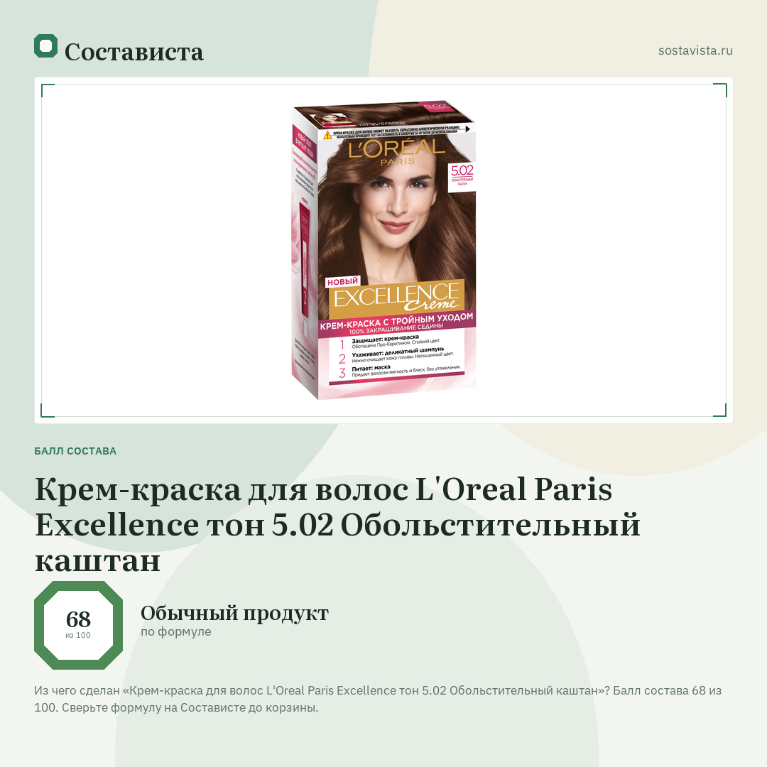 Крем-краска для волос L'Oreal Paris Excellence тон 5.02 Обольстительный каштан: балл состава 68 из 100 — Состависта
