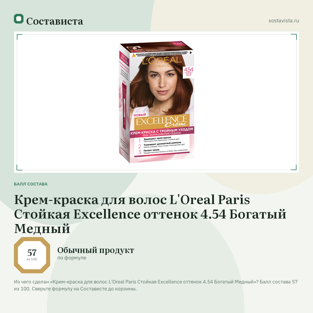 Крем-краска для волос L'Oreal Paris Стойкая Excellence оттенок 4.54 Богатый Медный: балл состава 57 из 100 — Состависта
