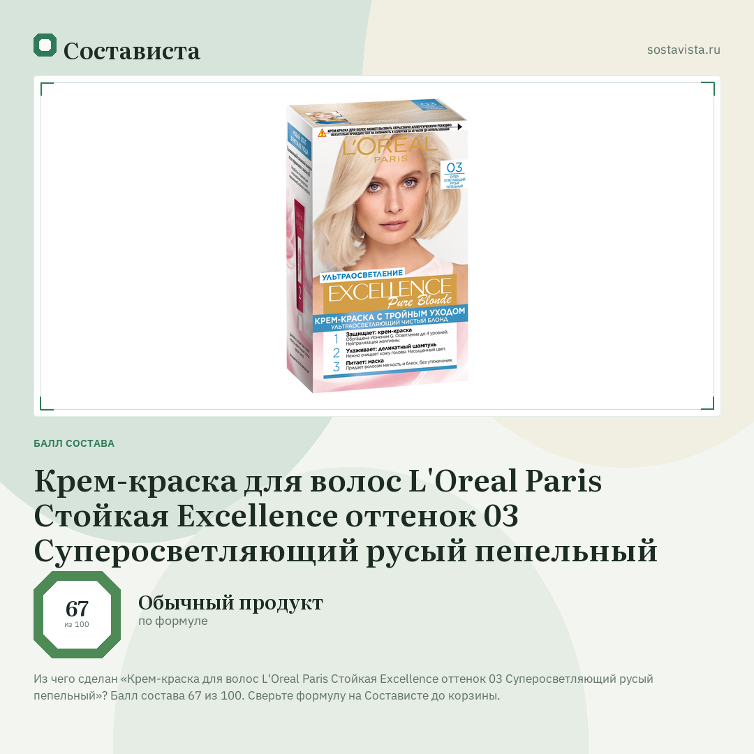 Крем-краска для волос L'Oreal Paris Стойкая Excellence оттенок 03 Суперосветляющий русый пепельный: балл состава 67 из 100 — Состависта
