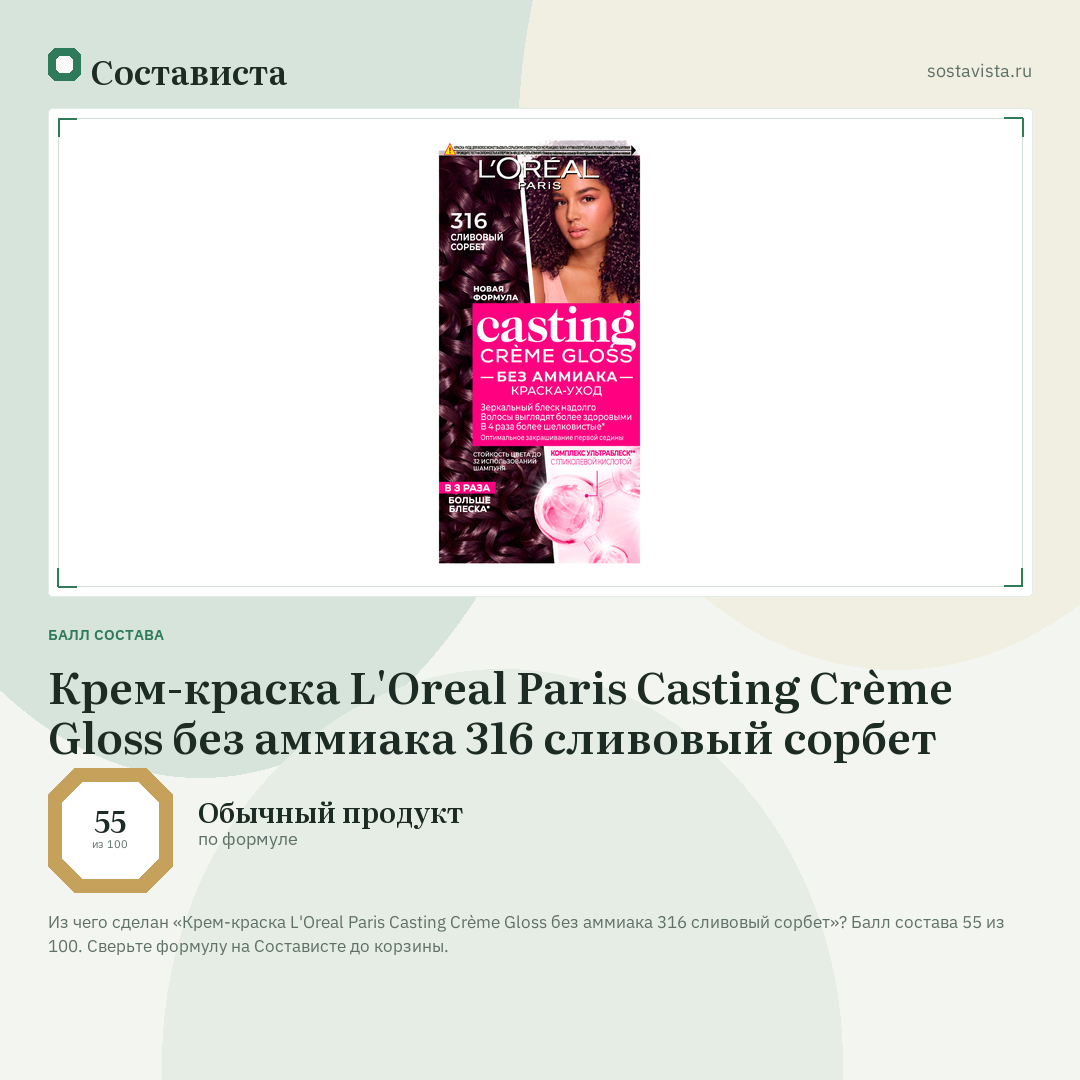 Крем-краска L'Oreal Paris Casting Crème Gloss без аммиака 316 сливовый сорбет: балл состава 55 из 100 — Состависта