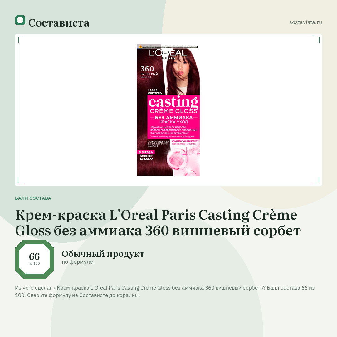 Крем-краска L'Oreal Paris Casting Crème Gloss без аммиака 360 вишневый сорбет: балл состава 66 из 100 — Состависта