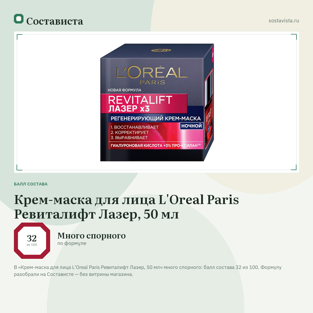 Крем-маска для лица L'Oreal Paris Ревиталифт Лазер, 50 мл: балл состава 32 из 100 — Состависта