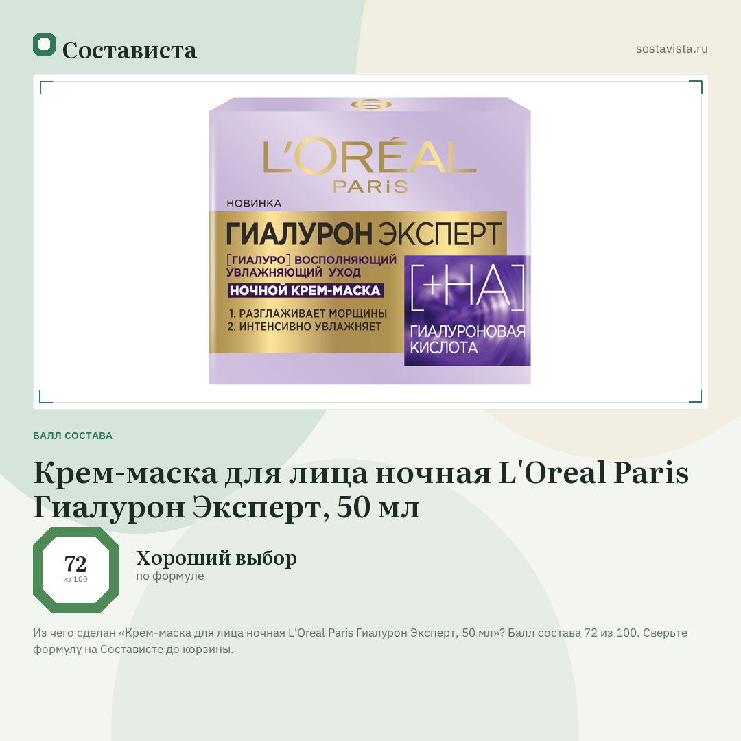 Крем-маска для лица ночная L'Oreal Paris Гиалурон Эксперт, 50 мл: балл состава 72 из 100 — Состависта