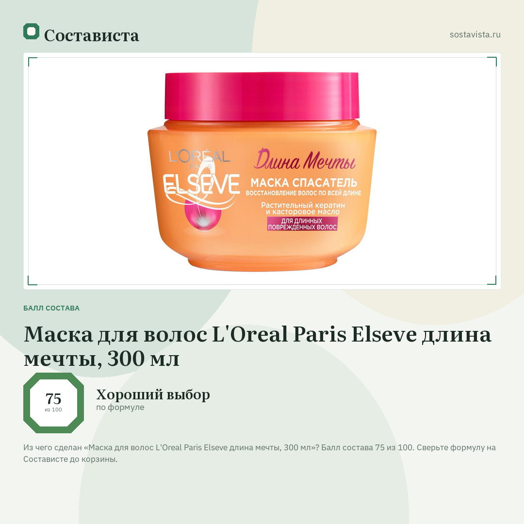Маска для волос L'Oreal Paris Elseve длина мечты, 300 мл: балл состава 75 из 100 — Состависта