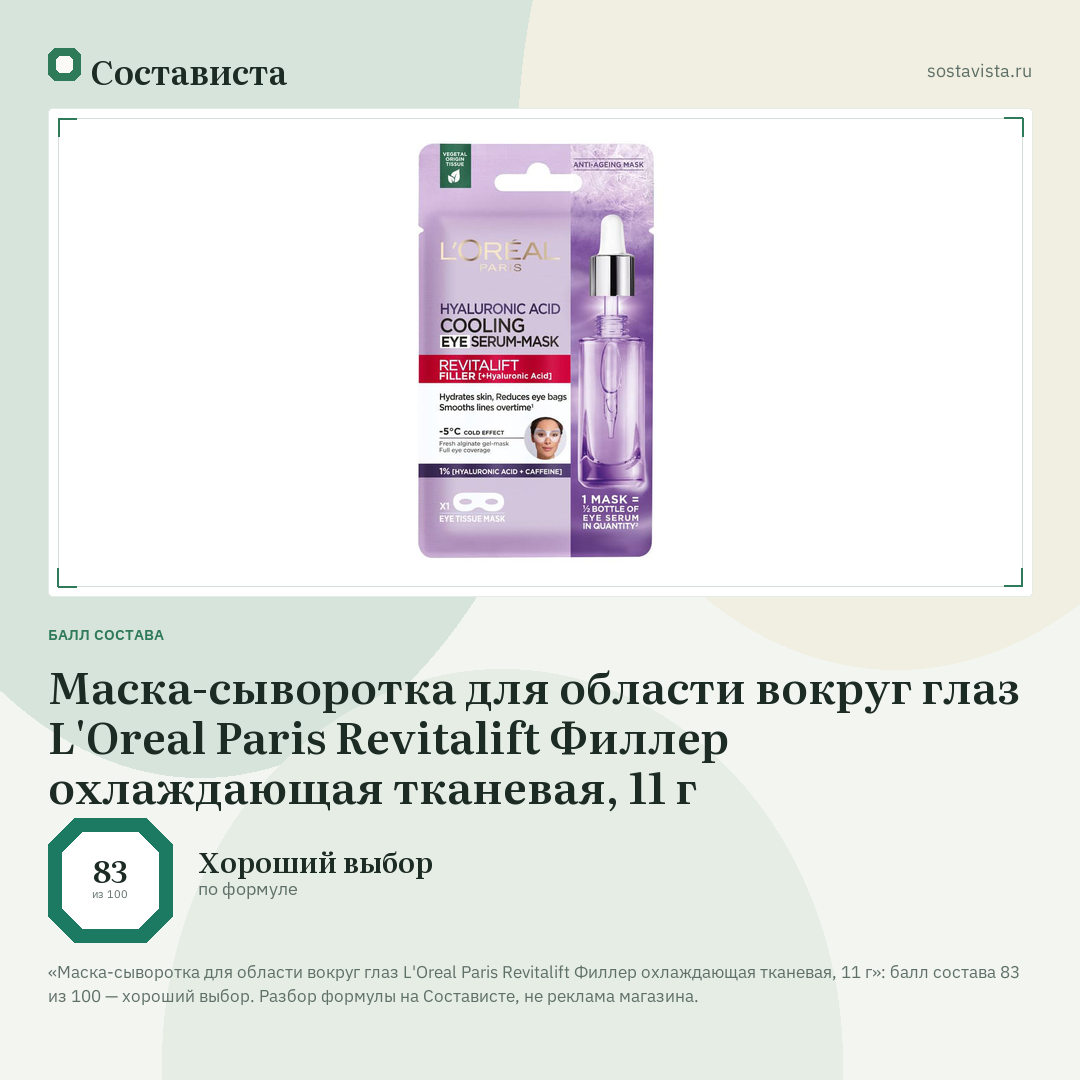 Маска-сыворотка для области вокруг глаз L'Oreal Paris Revitalift Филлер охлаждающая тканевая, 11 г: балл состава 83 из 100 — Состависта