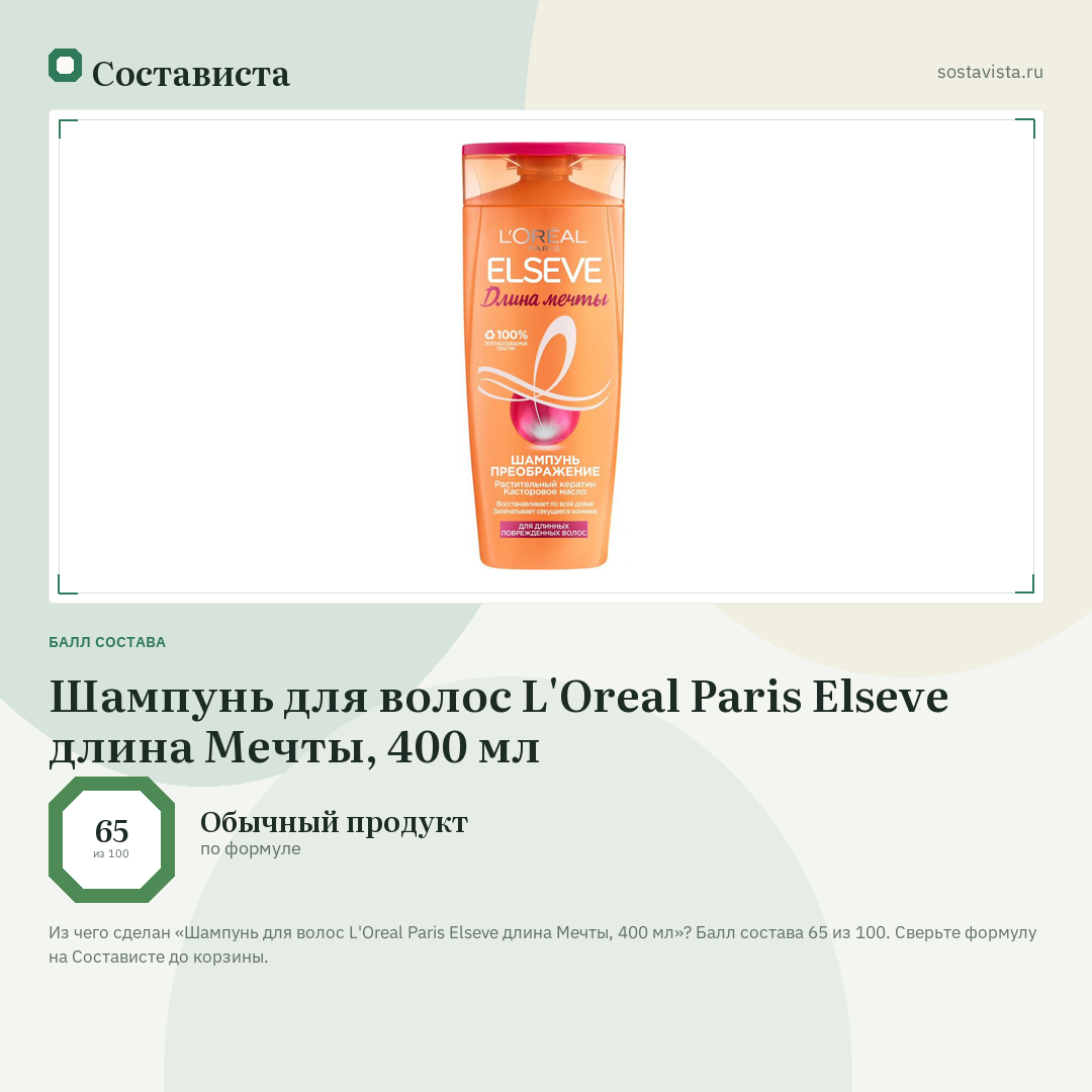 Шампунь для волос L'Oreal Paris Elseve длина Мечты, 400 мл: балл состава 65 из 100 — Состависта