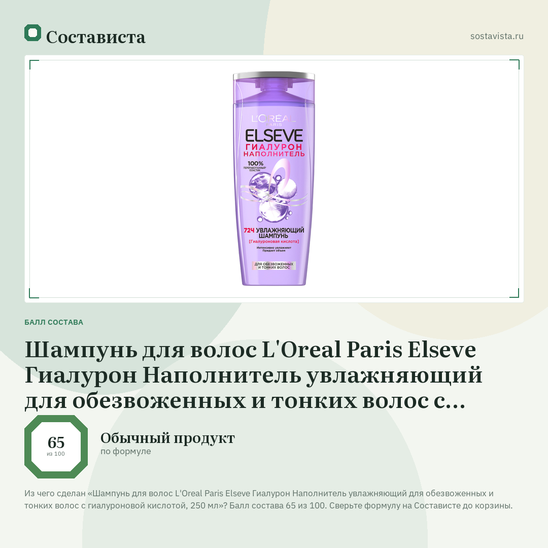 Шампунь для волос L'Oreal Paris Elseve Гиалурон Наполнитель увлажняющий для обезвоженных и тонких волос с гиалуроновой кислотой, 250 мл: балл состава 65 из 100 — Состависта