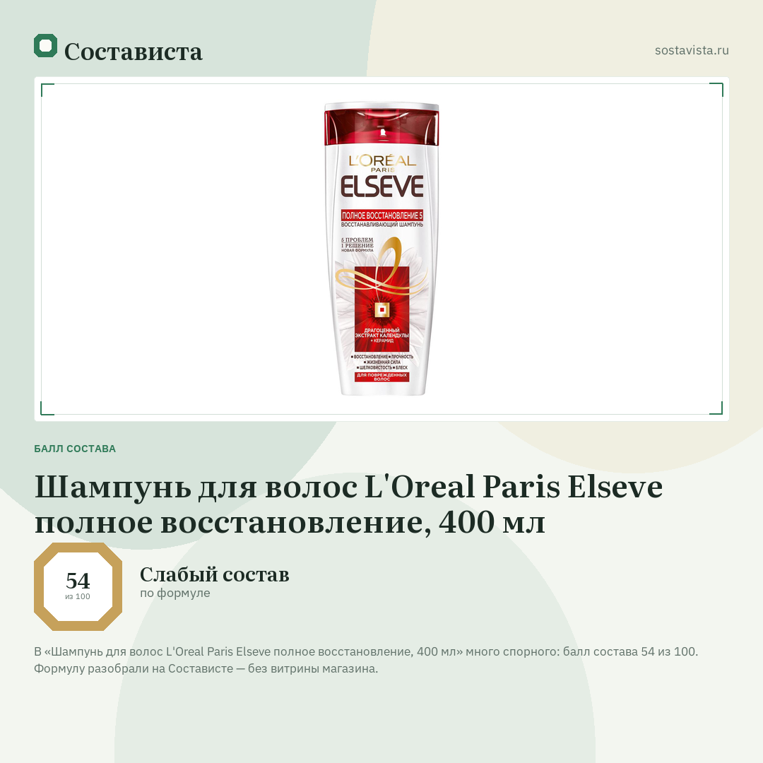 Шампунь для волос L'Oreal Paris Elseve полное восстановление, 400 мл: балл состава 54 из 100 — Состависта