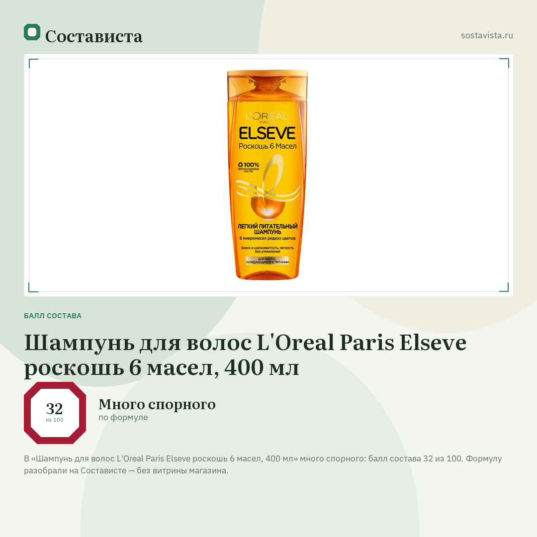 Шампунь для волос L'Oreal Paris Elseve роскошь 6 масел, 400 мл: балл состава 32 из 100 — Состависта