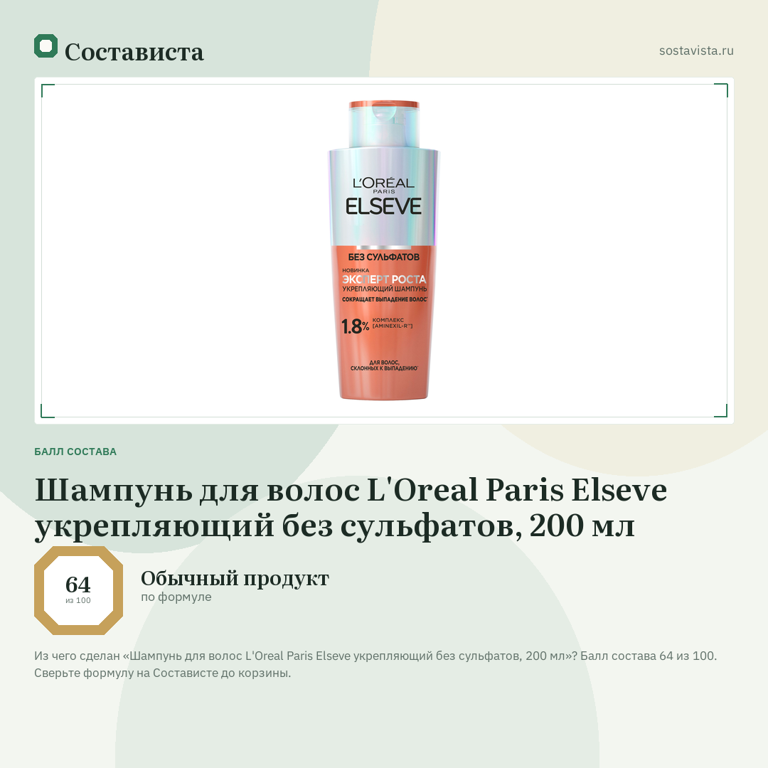 Шампунь для волос L'Oreal Paris Elseve укрепляющий без сульфатов, 200 мл: балл состава 64 из 100 — Состависта