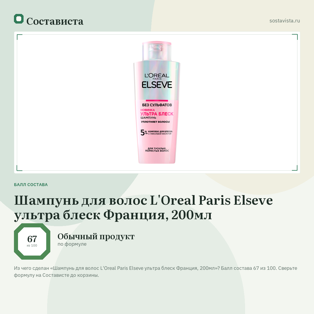 Шампунь для волос L'Oreal Paris Elseve ультра блеск Франция, 200мл: балл состава 67 из 100 — Состависта