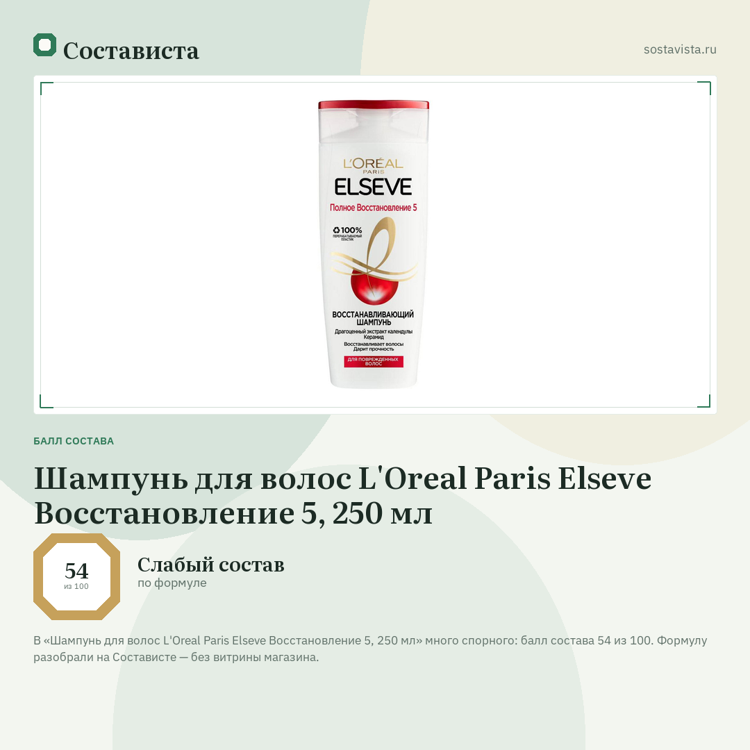 Шампунь для волос L'Oreal Paris Elseve Восстановление 5, 250 мл: балл состава 54 из 100 — Состависта