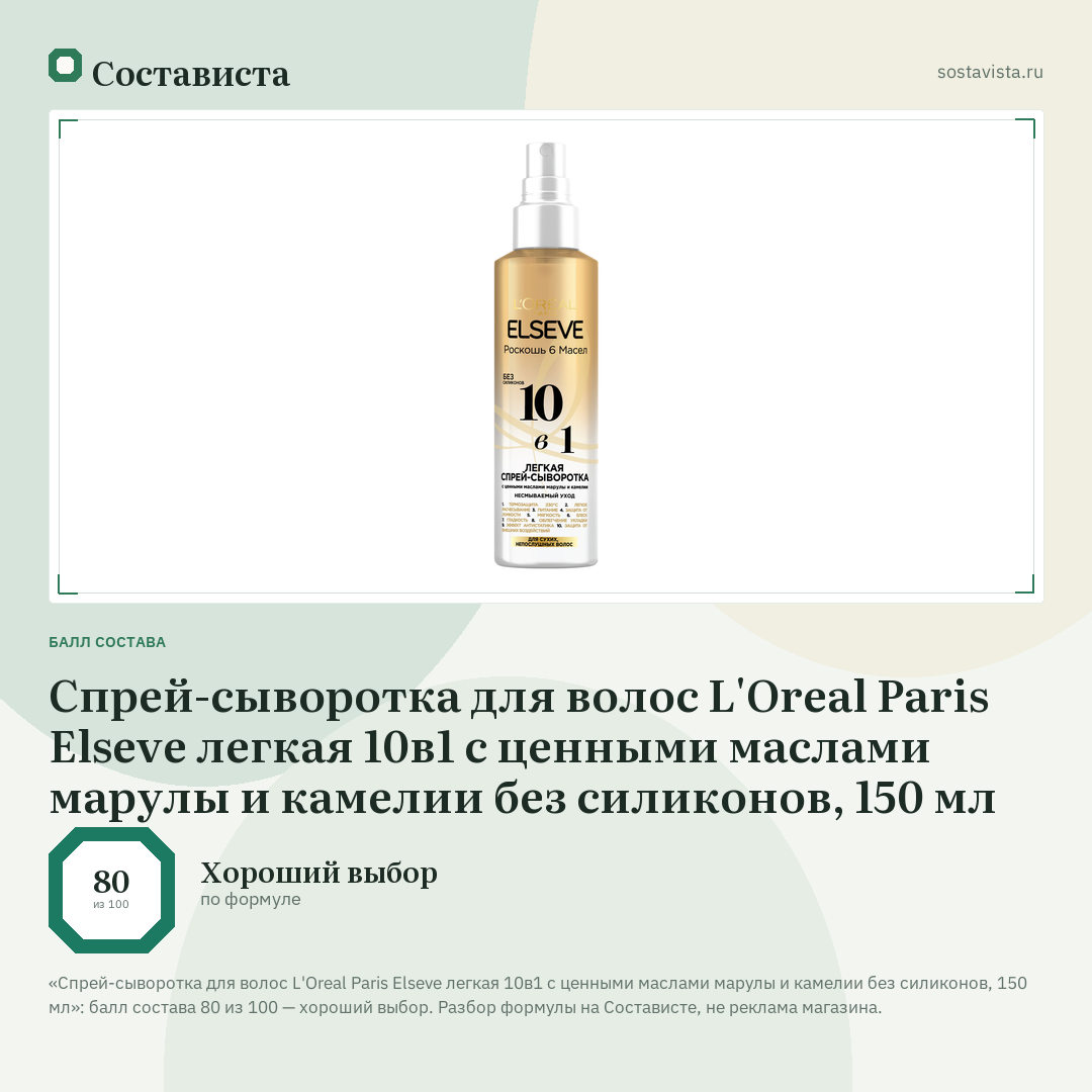 Спрей-сыворотка для волос L'Oreal Paris Elseve легкая 10в1 с ценными маслами марулы и камелии без силиконов, 150 мл: балл состава 80 из 100 — Состависта