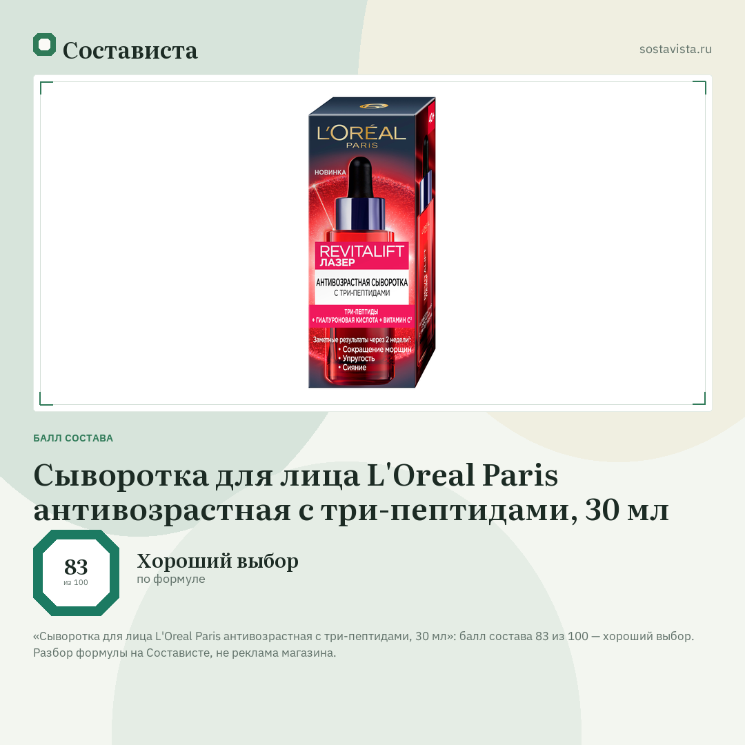 Сыворотка для лица L'Oreal Paris антивозрастная с три-пептидами, 30 мл: балл состава 83 из 100 — Состависта