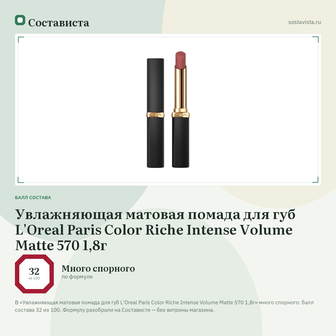 Увлажняющая матовая помада для губ L'Oreal Paris Color Riche Intense Volume Matte 570 1,8г: балл состава 32 из 100 — Состависта