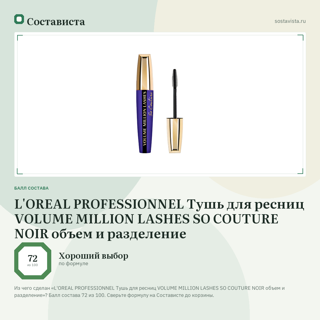 L'OREAL PROFESSIONNEL Тушь для ресниц VOLUME MILLION LASHES SO COUTURE NOIR объем и разделение: балл состава 72 из 100 — Состависта