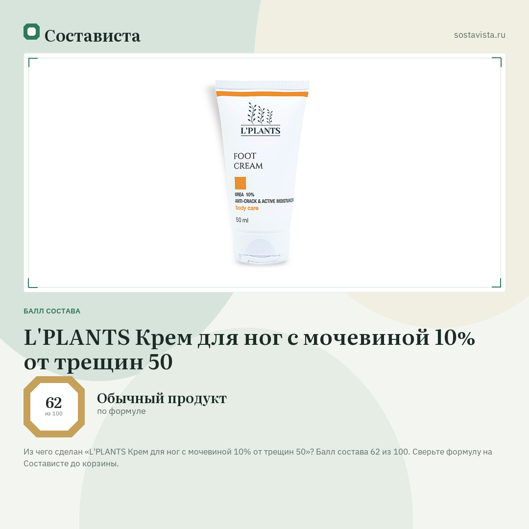 L'PLANTS Крем для ног с мочевиной 10% от трещин 50: балл состава 62 из 100 — Состависта