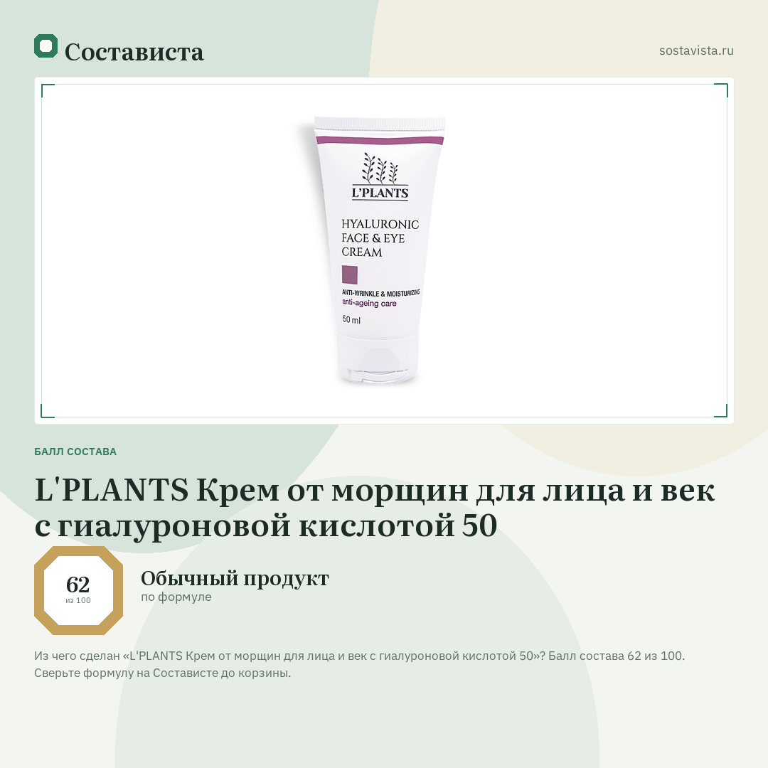 L'PLANTS Крем от морщин для лица и век с гиалуроновой кислотой 50: балл состава 62 из 100 — Состависта