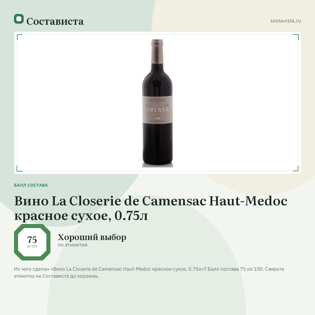Вино La Closerie de Camensac Haut-Medoc красное сухое, 0.75л: балл состава 75 из 100 — Состависта