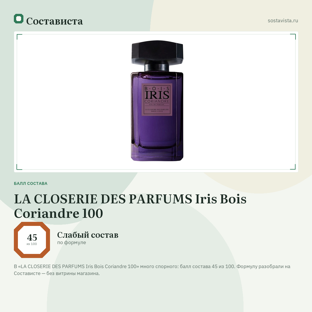 LA CLOSERIE DES PARFUMS Iris Bois Coriandre 100: балл состава 45 из 100 — Состависта