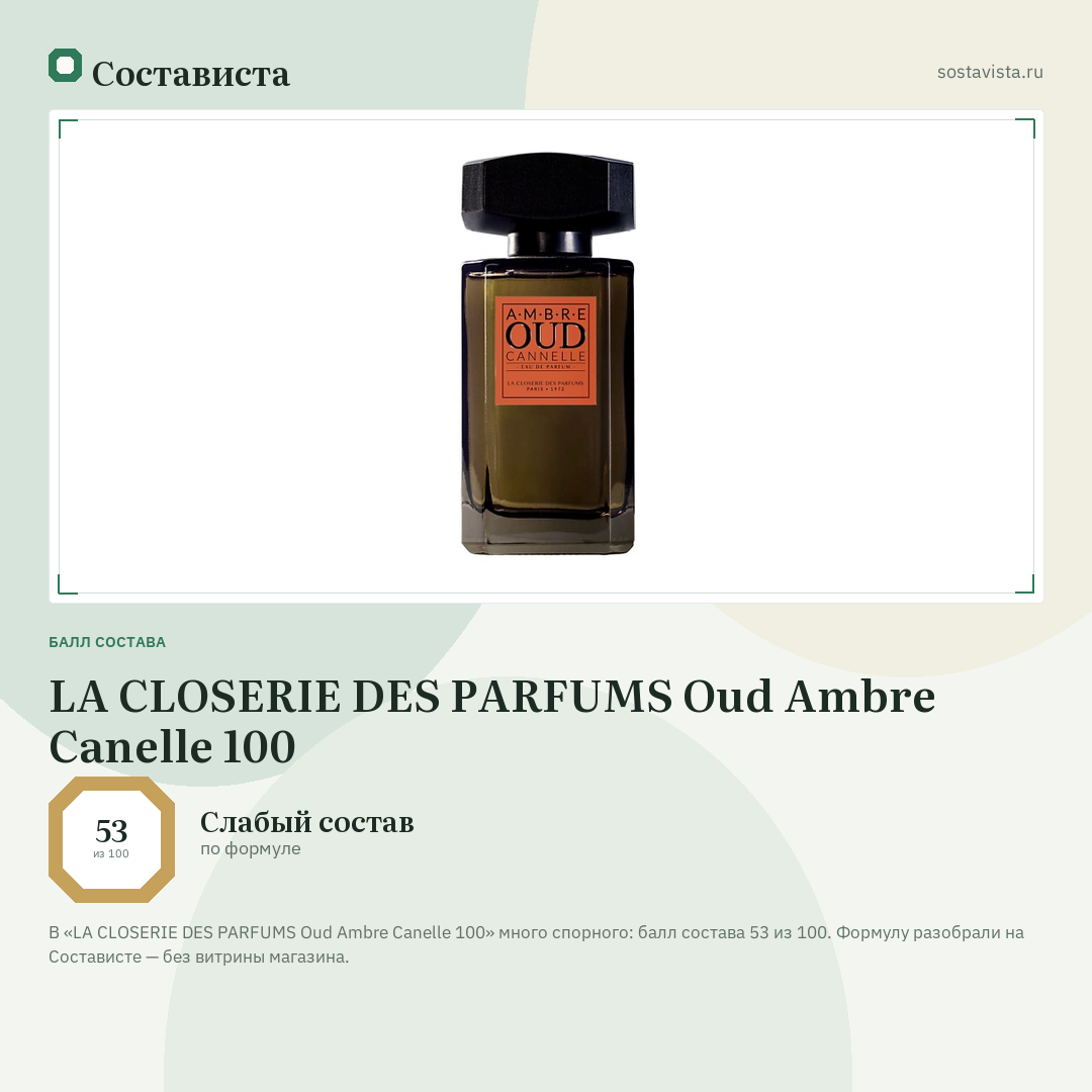 LA CLOSERIE DES PARFUMS Oud Ambre Canelle 100: балл состава 53 из 100 — Состависта