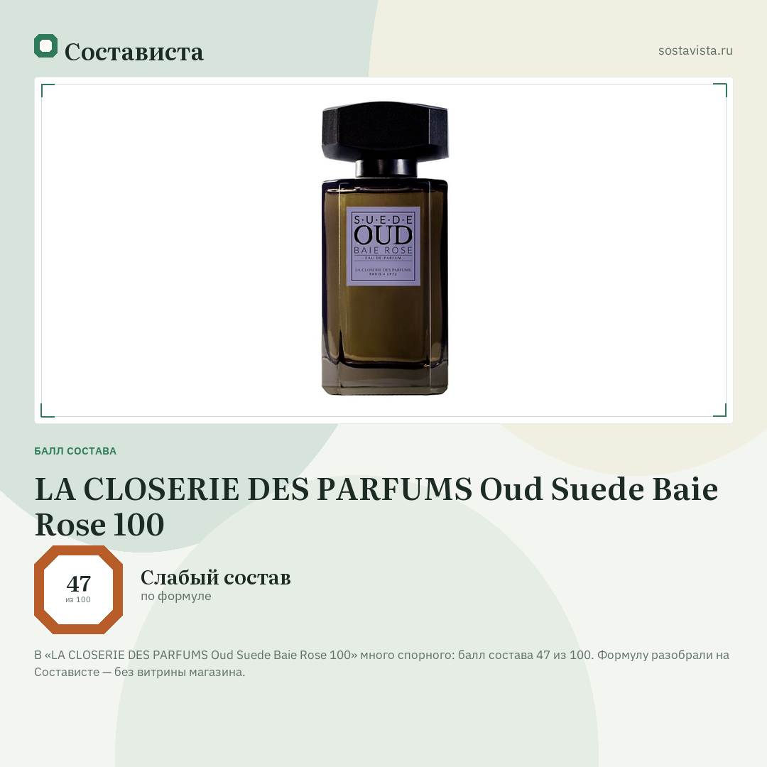 LA CLOSERIE DES PARFUMS Oud Suede Baie Rose 100: балл состава 47 из 100 — Состависта