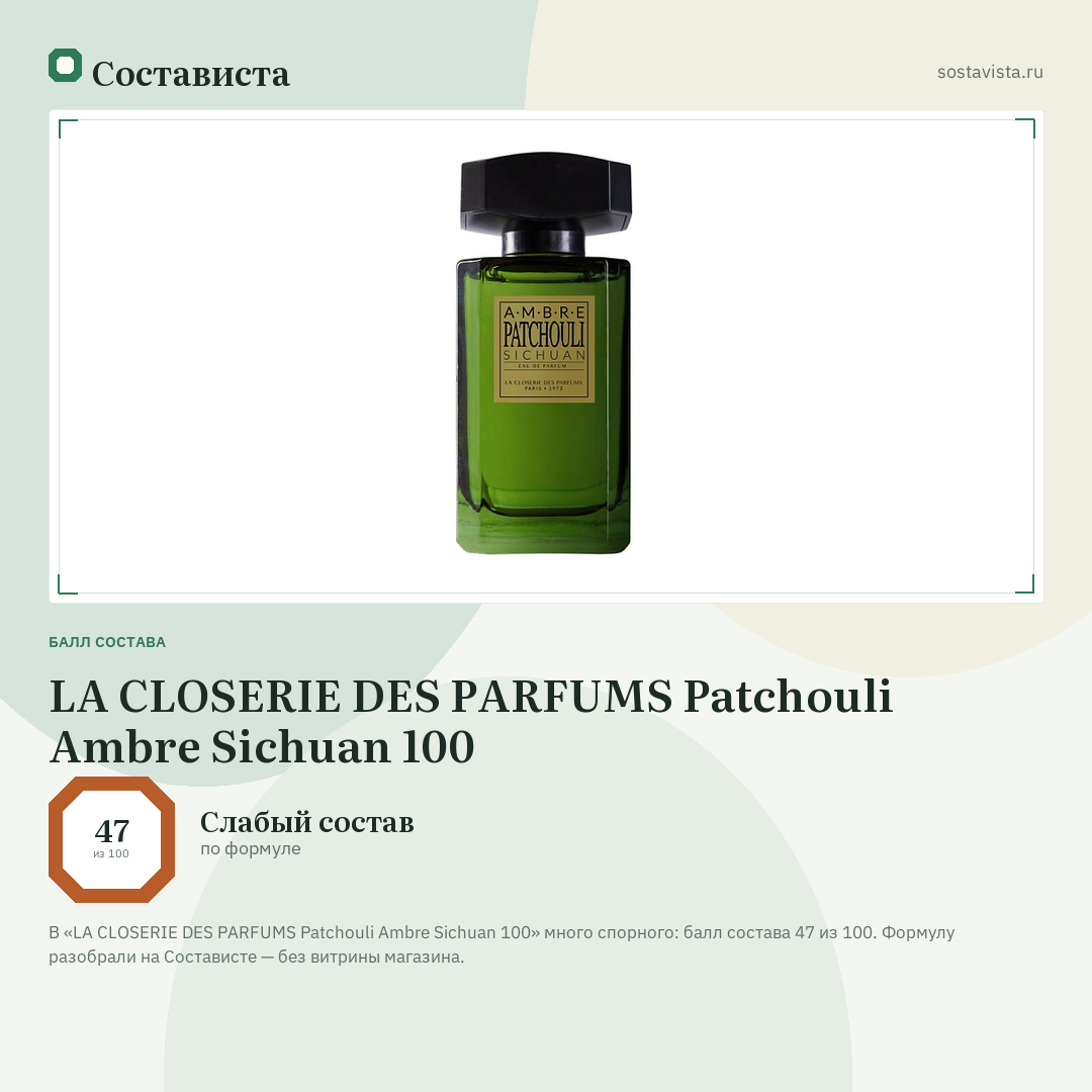 LA CLOSERIE DES PARFUMS Patchouli Ambre Sichuan 100: балл состава 47 из 100 — Состависта