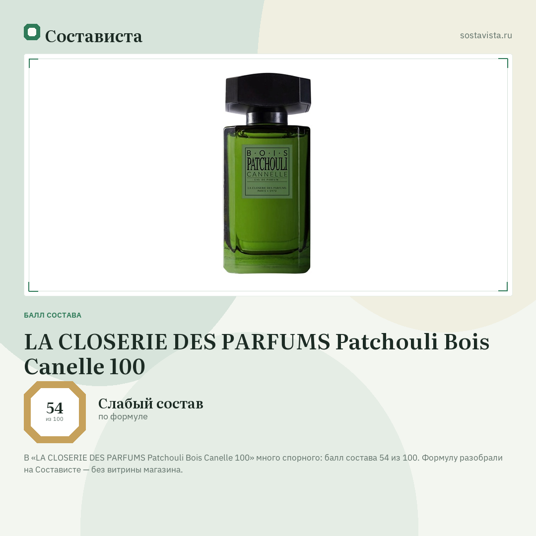 LA CLOSERIE DES PARFUMS Patchouli Bois Canelle 100: балл состава 54 из 100 — Состависта