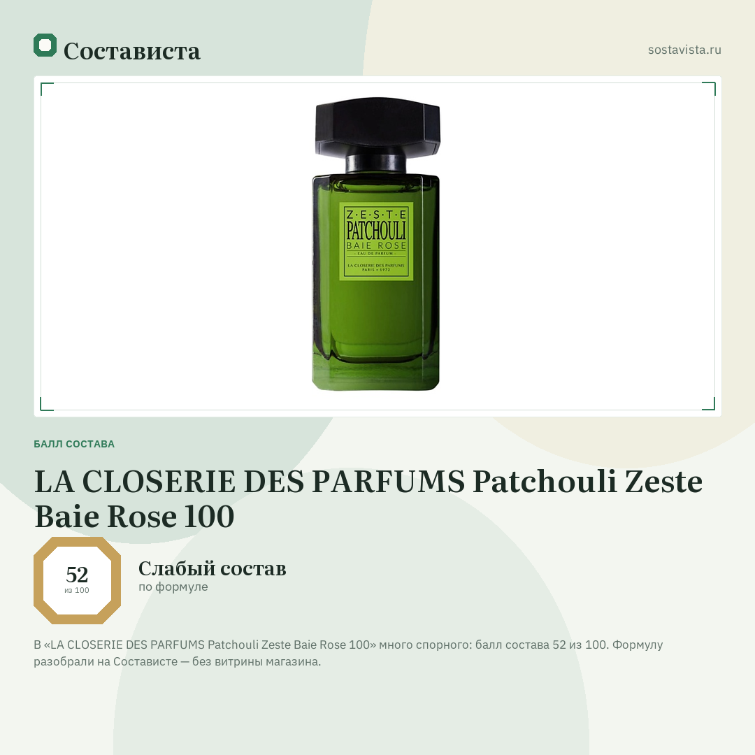 LA CLOSERIE DES PARFUMS Patchouli Zeste Baie Rose 100: балл состава 52 из 100 — Состависта